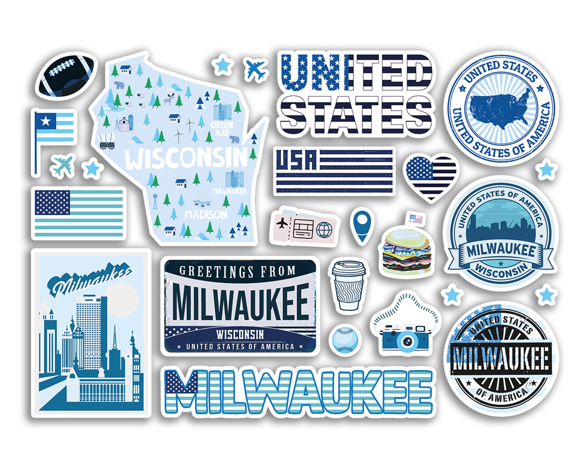 Aufkleber A5 'Milwaukee Landmarks' – Vinyl-Aufkleber Mit Wisconsin-Flagge Für Reisedeko