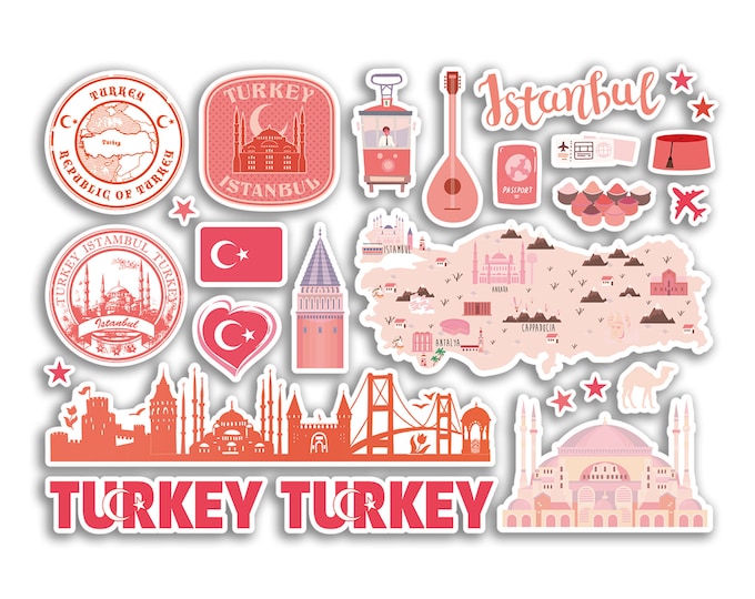 Turkce Sticker A5 Sticker Sheet Turkey Pink Landmarks Vinyl Stickers - Turkish Map ...