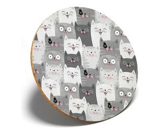 Cartoon Cats Round Coaster - Cute Cat Grey White Audience Funny Kitten Animals Pets Pattern Home Kitchen Student Kids Gift #14431