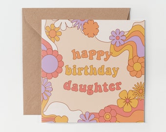 1 x wenskaart - gelukkige verjaardag dochter Flower Power roze meisjes kinderen tiener trendy funky hippie kunst illustratie cadeau #79230