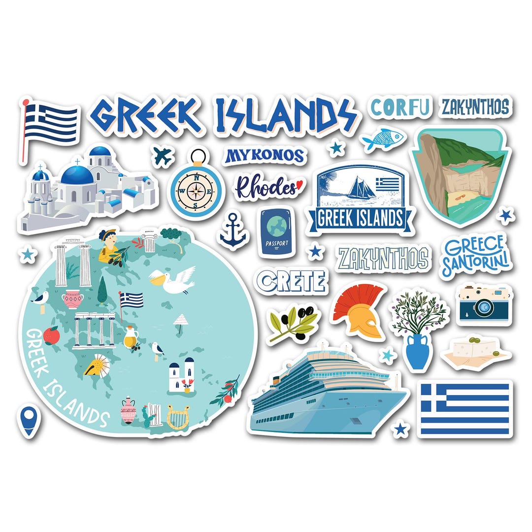A5 Sticker Sheet Greek Islands Vinyl Stickers - Greece Cruise Stamps ...