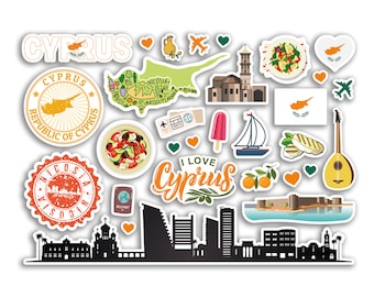 A5 Sticker Sheet Cyprus Landmarks Vinyl Stickers - Cypriot Map Airport Stamp Skyline Flag Travel Holiday Country City Aesthetic #80422