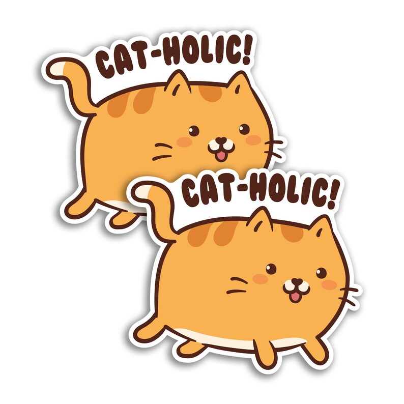 May include: Two orange cartoon cats with the text "Cat-holic!" above each. The cats are facing forward with their tongues sticking out.