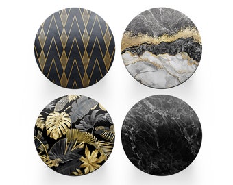 4 x Round Art Deco Coasters - Gold Black Abstract Set Theme Women House Warming Circle Drinks Kitchen Table Decoration Décor Gift #77901