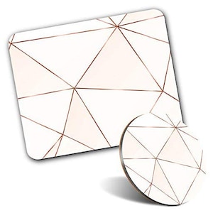 May include: A set of two white coasters with a geometric pattern of thin gold lines. The coasters are made of a durable material and are perfect for protecting your furniture from scratches and spills.