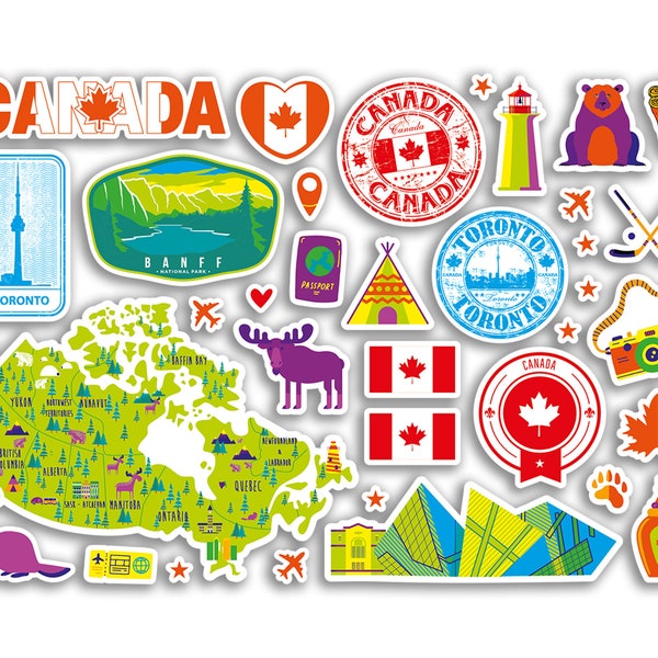 A5 Sticker Sheet Canada Landmarks Vinyl Stickers - Bright Canadian Map Airport Skyline Flag Travel Holiday Country City Aesthetic #80431