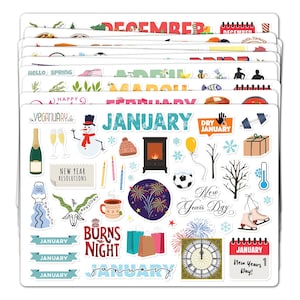 May include: A collection of sticker sheets with monthly themes. The January sheet features a snowman, champagne, and a fireplace. Other months include "Hello Spring" and "December". Each sheet has various themed illustrations and text.