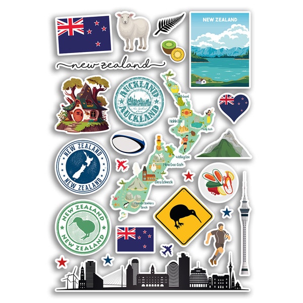 A4 Sticker Sheet New Zealand Landmarks Vinyl Stickers - Kiwi City Map Airport Stamp Skyline Flag Travel Holiday Culture Aesthetic #79978