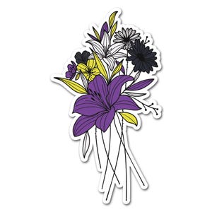 May include: A sticker depicting a bouquet of stylized flowers. The bouquet includes a large purple lily, white lilies, black daisies, and yellow accents. The flowers are outlined in black, with thin black stems. The sticker has a white border.
