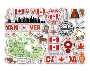 Hoja de pegatinas A5, pegatinas de vinilo de puntos de referencia de Vancouver, sellos canadienses de Canadá, bandera del horizonte, viajes, vacaciones, mapa, ciudad, álbum de recortes, estética #80499