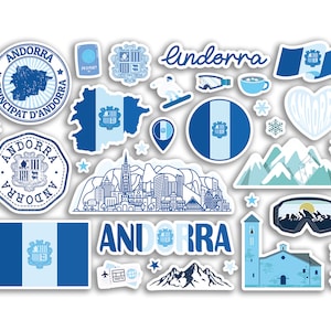A5 Sticker Sheet Andorra Blue Landmarks Vinyl Stickers - Albanian Map Airport Stamp Skyline Flag Travel Holiday Country Aesthetic #80329