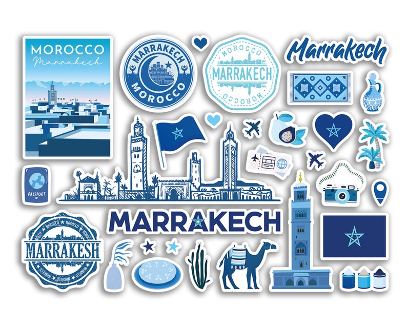 Marrakech Sticker A5 Sticker Sheet Marrakech Landmarks Vinyl Stickers - Blue Morocco ...