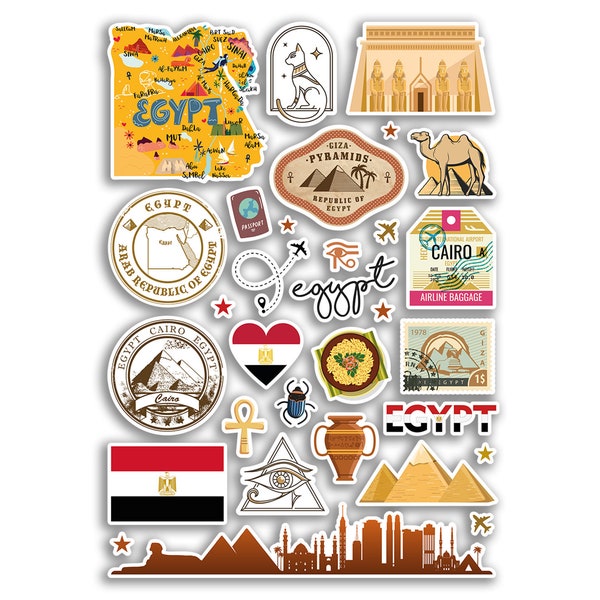 Feuille d'autocollants A4 Egypte Repères Vinyle Autocollants - Carte de la ville égyptienne Aéroport Timbre Skyline Drapeau Voyage Vacances Culture Esthétique #79993