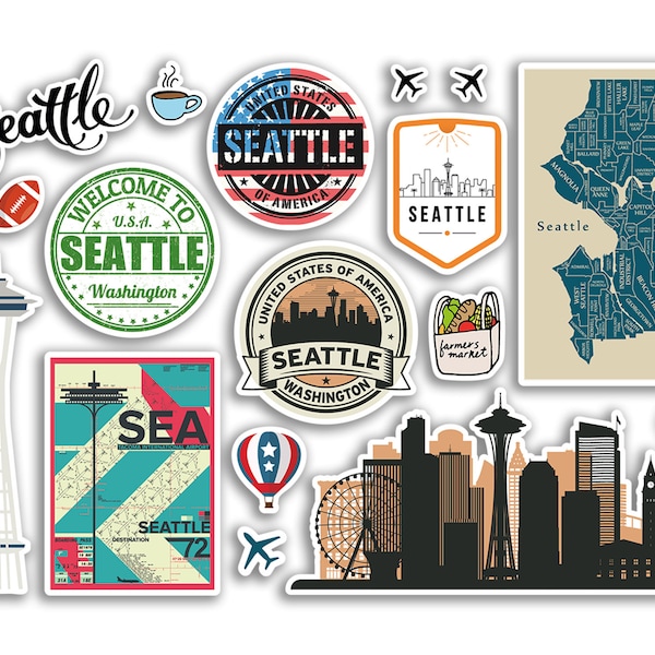 A5 Sticker Sheet Seattle Landmarks Vinyl Stickers - Washington America City Airport Stamps Skyline Flag Map Travel Holiday Scrapbook #79156