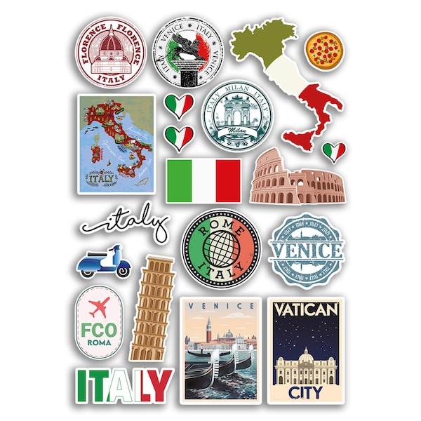 A4 Feuille d’autocollants Italie Monuments Autocollants en vinyle - Italien Rome Venise FCO Timbre Drapeau Voyage Vacances Culture Scrapbook Bagage Cadeau #78878