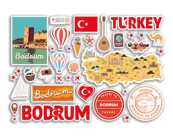 May include: A set of colorful stickers featuring various images related to Turkey and Bodrum, including a map of Turkey, a hot air balloon, a camel, a mosque, a star, a heart, a passport, a boat, a coconut, a camera, a seashell, a Turkish flag, a traditional Turkish instrument, and the text "Bodrum" and "Turkey".