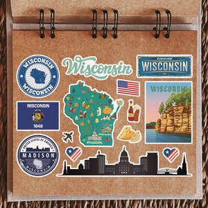 Wisconsin Map Sticker A5 Sticker Sheet Wisconsin Landmarks Vinyl Stickers USA America State ...