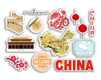 A5 Sticker Sheet China Landmarks Vinyl Stickers - Chinese Map Airport Stamps Skyline Flag Travel Holiday Culture City Aesthetic #78460