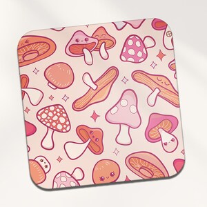 Mushroom Square Coaster - Pink Autumn Kawaii Faces Fungi Pattern Cartoon illustration Art Kids Boys Girls Kitchen Family Drinks Home #81980