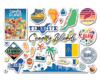 May include: A collection of colorful stickers featuring various landmarks and symbols from the Canary Islands. The stickers include images of buildings, beaches, palm trees, and the Canary Islands flag. The text "Canary Islands" is featured on several of the stickers.