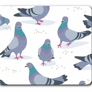 May include: A seamless pattern featuring a white background with multiple grey and blue pigeons with pink feet. The pigeons are in various positions, some are flying, some are perched, and some are looking down. There are small brown dots scattered throughout the pattern.