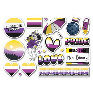 May include: A selection of non-binary pride stickers with diverse designs. Includes a round sticker with the text "Non-Binary & Proud", a heart-shaped sticker, and a sticker with the word "Love". Other stickers include an umbrella and a sneaker.