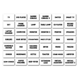 May include: A white grid of 48 square buttons with black text labels for various household appliances and electronics. The labels include TV, DVD Player, Gaming Console, Switch, Smart TV, Sky, Phone Charger, Lamp, Table Lamp, CD Player, Record Player, Laptop Charger, Computer, Monitor, Printer, Speakers, Curlers, Hair Dryer, Straighteners, Multi-Styler, Iron, Hoover, Handheld Hoover, Fan, Washing Machine, Dryer, Fridge, Freezer, Cooker, Microwave, Kettle, Toaster, Stand Mixer, Air Fryer, Slow Cooker, Coffee Machine, Deep Fryer, Extension Lead, Virtual Assistant, and Virtual Assistant 2.