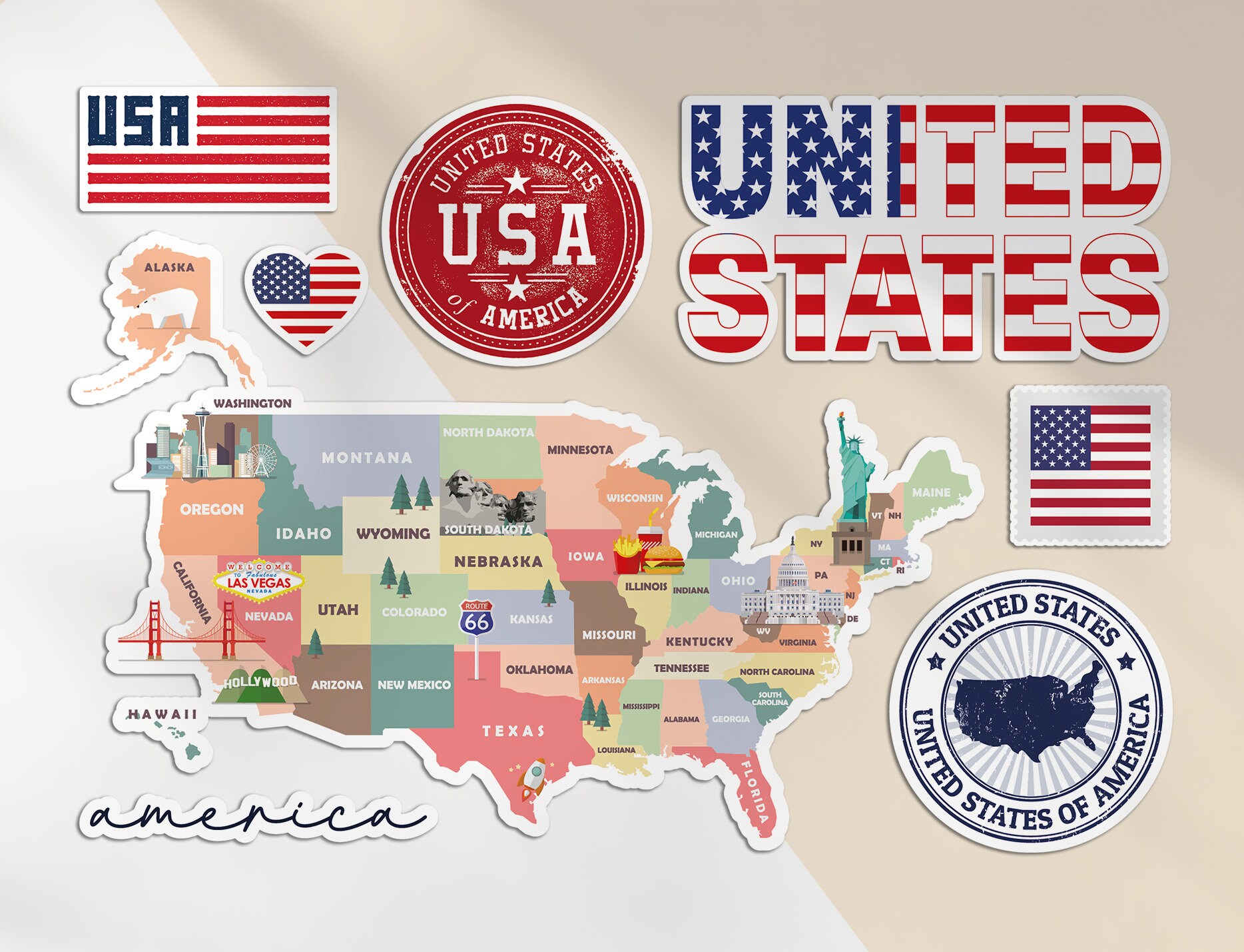 USA & Amerika Aufkleberbogen A4 – Wahrzeichen Wie New York, Vegas, Flagge & Mehr