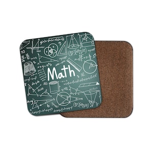 May include: A green coaster with a white background featuring maths equations and the word "Maths" in white. The coaster has a brown cork backing.
