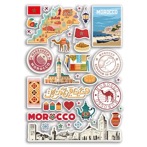 A4 Sticker Sheet Morocco Landmarks Vinyl Stickers - Moroccan City Map Airport Stamp Skyline Flag Travel Holiday Culture Aesthetic #79986