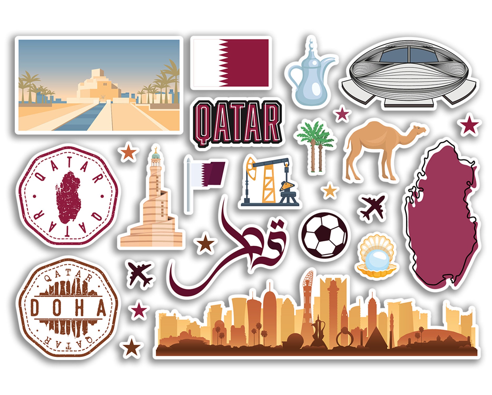 Back Sticker Qatar A5 Sticker Sheet Qatar Landmarks Vinyl Stickers - Country Beach Airport ...