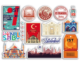 May include: A set of colorful stickers featuring various images and text related to Istanbul, Turkey. The stickers include a map of Istanbul Ataturk Airport, a mosque, a crescent moon and star, a tram, a building with a gate, a cityscape, and a luggage tag with the text "IST Istanbul".