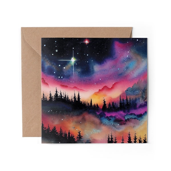 1 biglietto d'auguri: regalo artistico n. 0043 con stelle magiche del cielo notturno, stelle spaziali e foresta