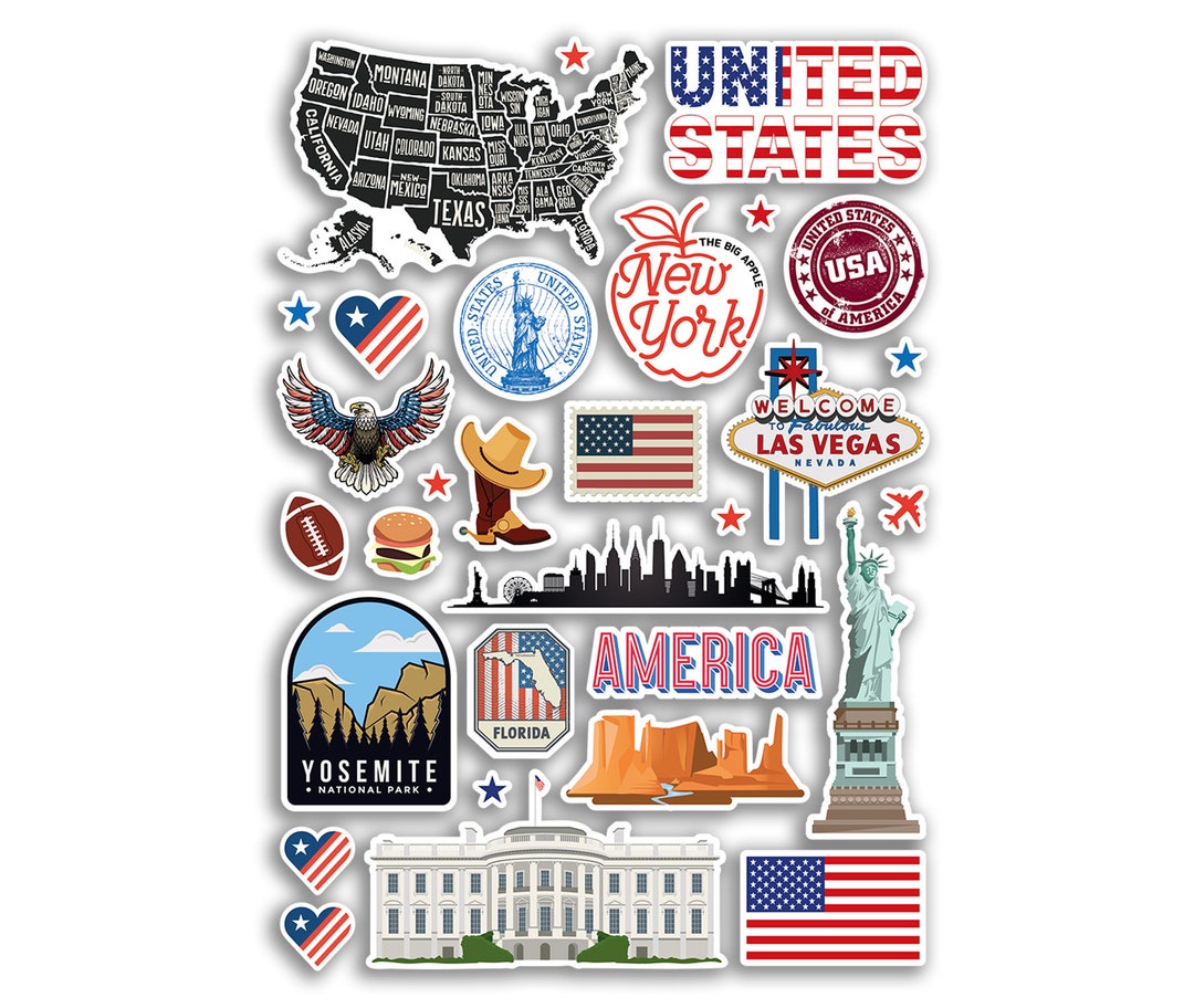 A4 Sticker Sheet United States Landmarks Vinyl Stickers USA NY City Map ...
