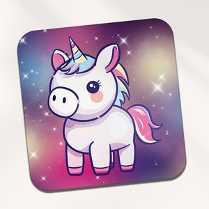 Unicorn Animal Square Coaster - Mythical Horse Pattern Kawaii Cartoon Illustration Art Kids Boys Girls Kitchen Family Drinks Home #82020