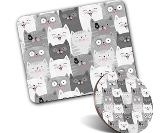 Rectangle Mouse Mat & Round Coaster Set - Cat Audience Cats Pets Animal Cartoon Computer Laptop Drinks Office Gift - Non-slip Base #14431