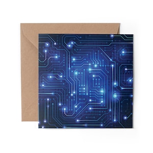 May include: A blue and black digital circuit board pattern with glowing blue lights. The pattern resembles a computer chip or motherboard.