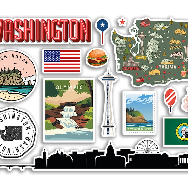 A5 Sticker Sheet Washington Landmarks Vinyl Stickers - USA America States Airport Stamps Skyline Flag Map Travel Holiday Scrapbook #79198