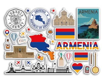 A5 Sticker Sheet Armenia Landmarks Vinyl Stickers - Armenian Country Map Airport Stamps Skyline Flag Travel Holiday City Aesthetic #80271