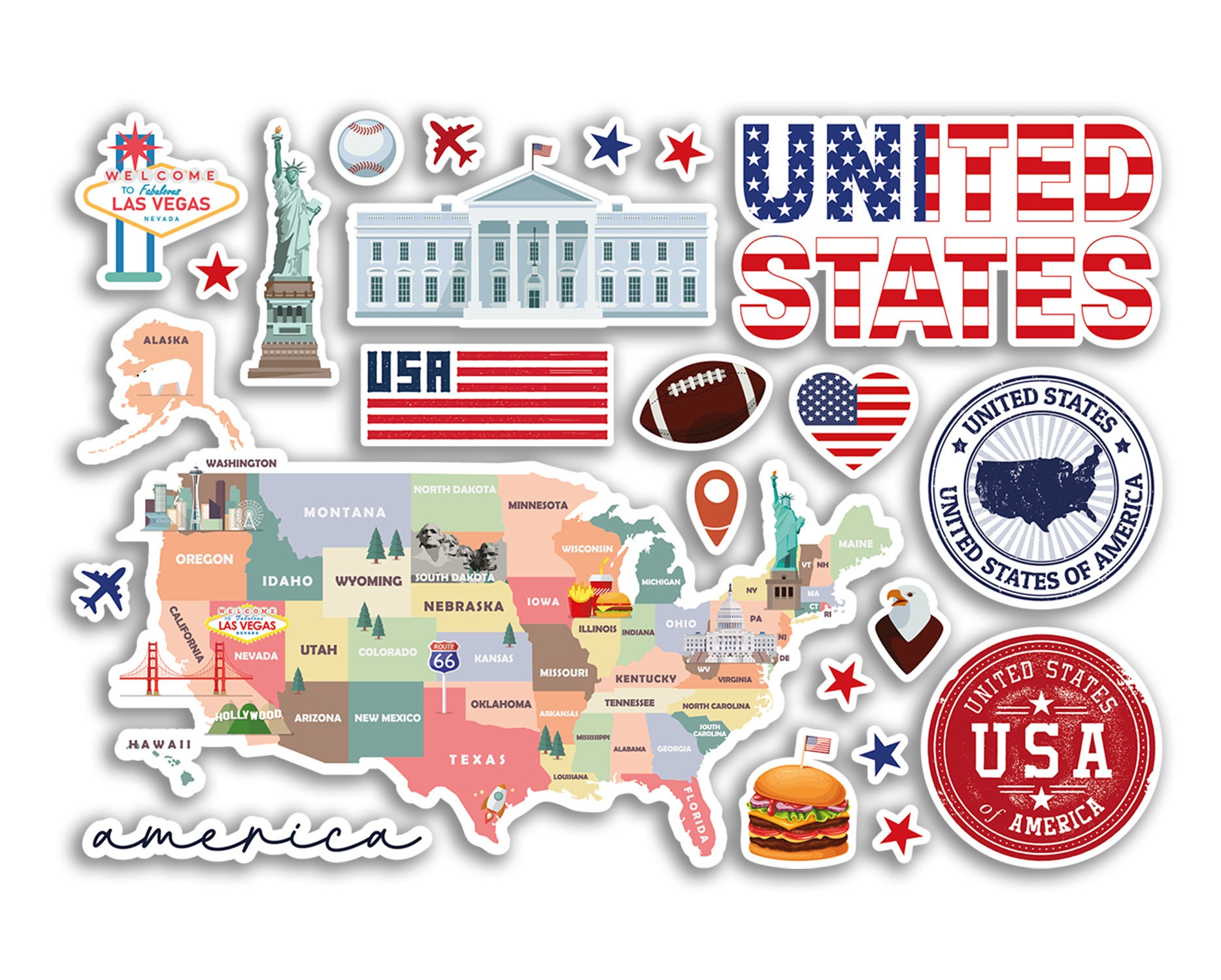USA & Amerika Aufkleberbogen A4 – Wahrzeichen Wie New York, Vegas, Flagge & Mehr