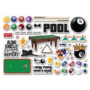 May include: A selection of pool-themed stickers, including numbered billiard balls, pool cues, and a pool table. The stickers also feature phrases such as "Less Talkin' More Chalkin'" and "I beat people with a stick".