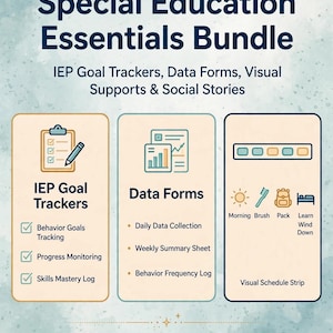 Specialpedagogikpaket, IEP-målspårare, dataformulär, visuella scheman, sociala berättelser, utskrivbar PDF