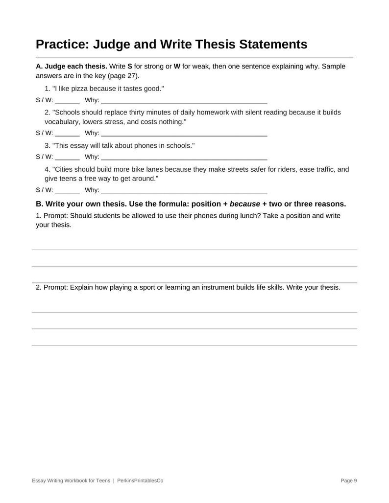 Essay Writing Workbook for Teens, Thesis Statements Outlines Revising