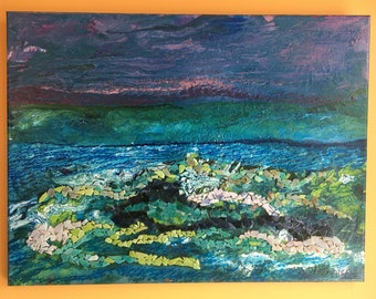 May include: Abstract mosaic painting depicting a seascape with a stormy sky in shades of purple, blue, and green. The foreground features a rocky island with waves crashing against it.