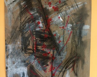 Blood, original painting, acrylic on paper, abstract, modern, contemporary, minimalistic, colorful, black and white, charcoal drawing