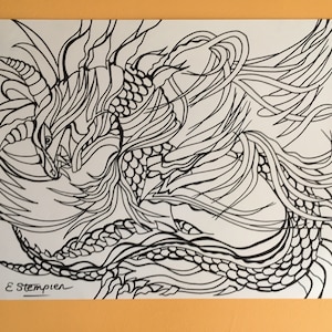 Dragon Queen #1, dragon, serpent, abstract, contemporary, modern, print from original drawing, black and white, colorful
