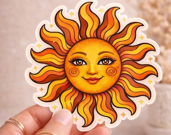 Happy Smiling Sun Sticker: 2" Waterproof Vinyl Sticker for Laptop, Car, Water Bottle