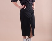 80s Vintage Black Minimalistic Midi Maxi Skirt Closure up Button through Skirt High Waist Casual Fit Sustainable Cloth