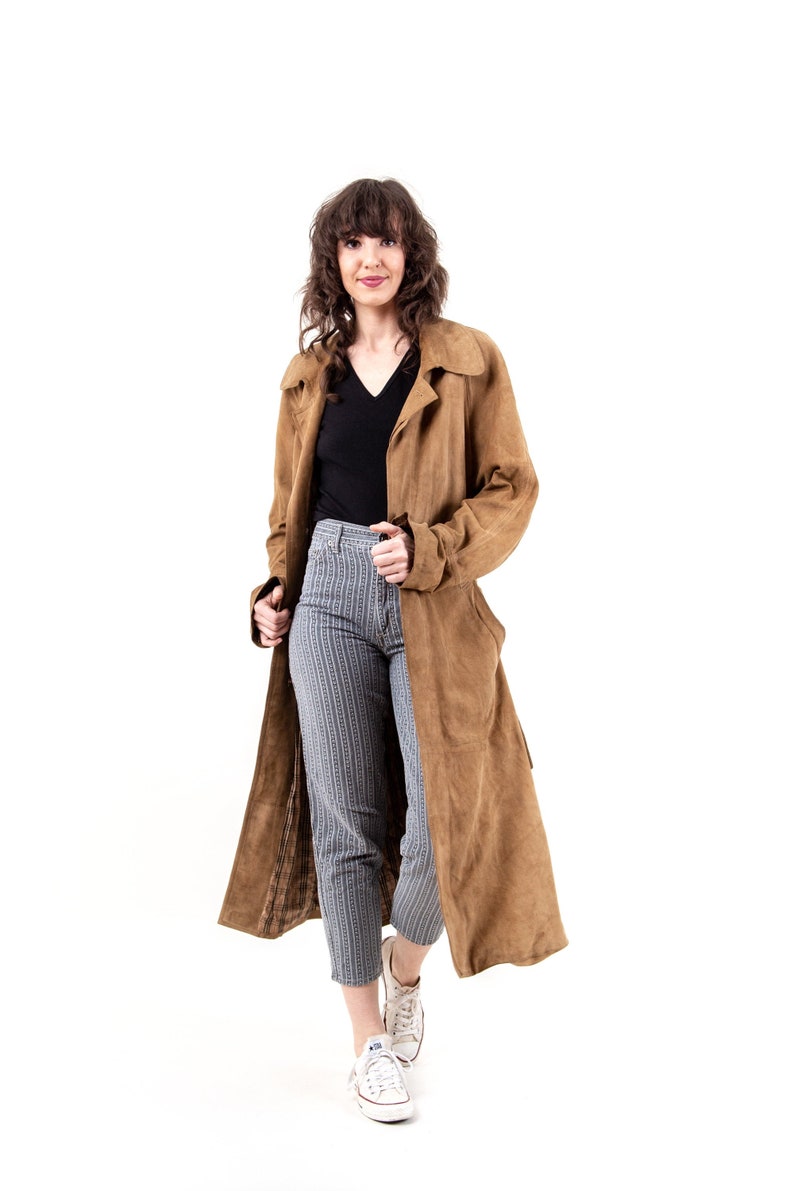80s Vintage Minimalistic Brown Velour Leather Trench Coat Long Parka Long Coat Casual Unisex Sustainable Second Hand Fashion