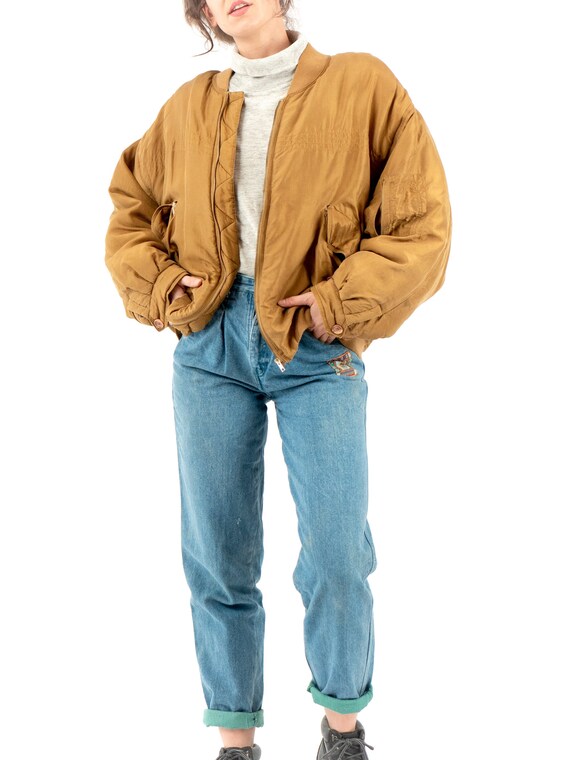 Vintage Silk Bomber Puff Jacket In Mustard Yellow